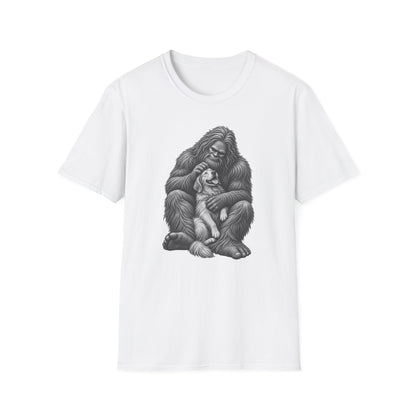 Bigfoot & Puppy Tee — Gentle Sasquatch Holding Dog Graphic T-Shirt