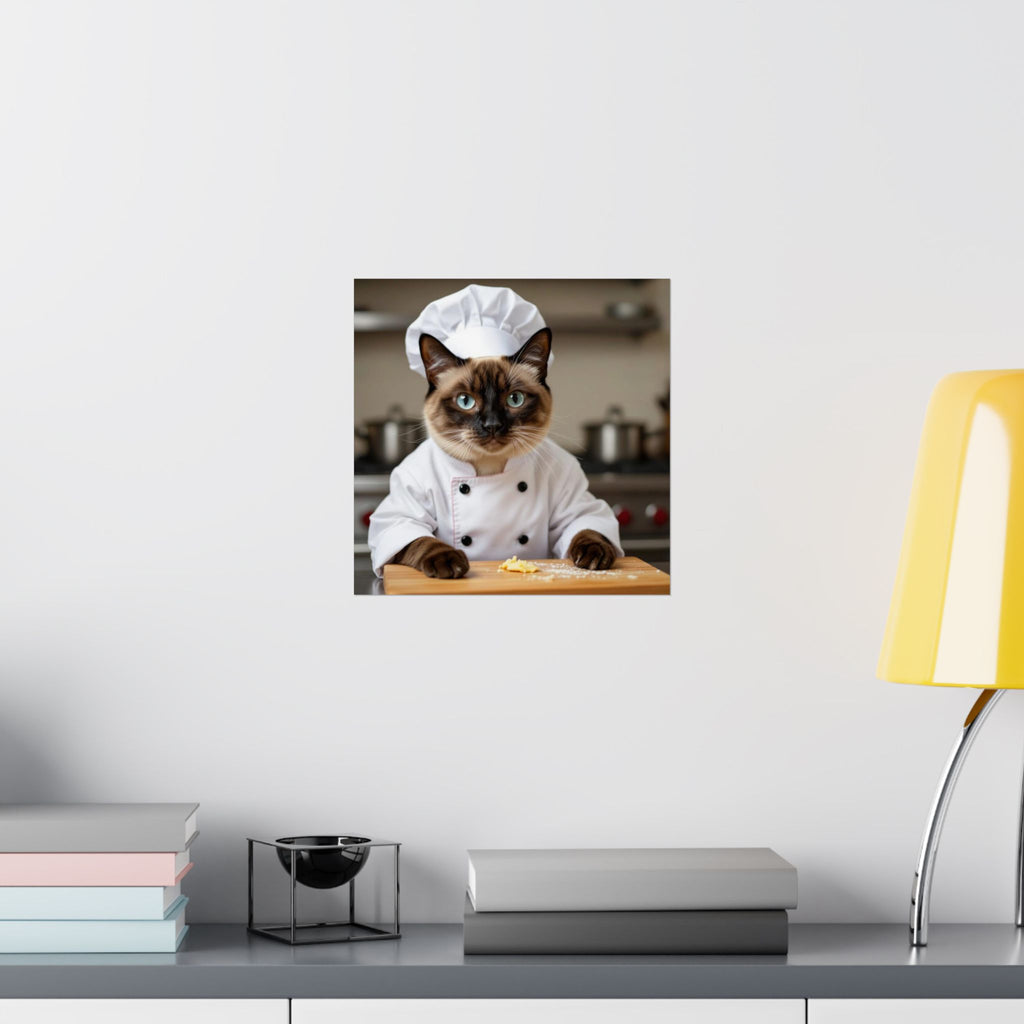 Póster de gato chef: adorable gato siamés con traje de chef, arte mural vertical mate