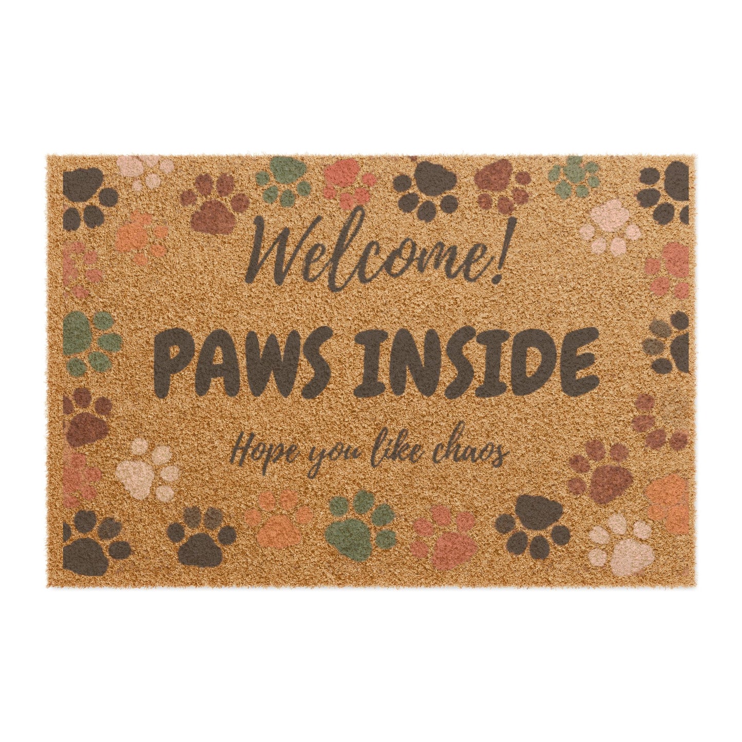 Felpudo de fibra de coco con estampado de patas de mascota "¡Bienvenidos! ¡Patas adentro!"