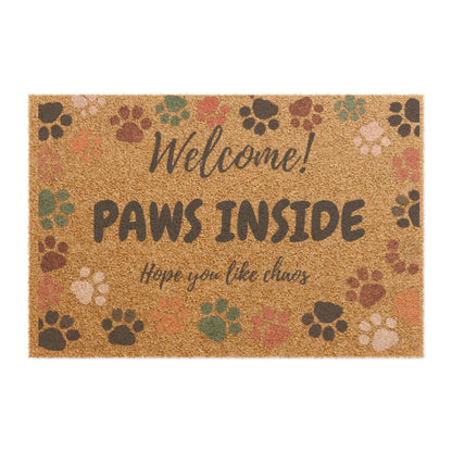 Felpudo de fibra de coco con estampado de patas de mascota "¡Bienvenidos! ¡Patas adentro!"