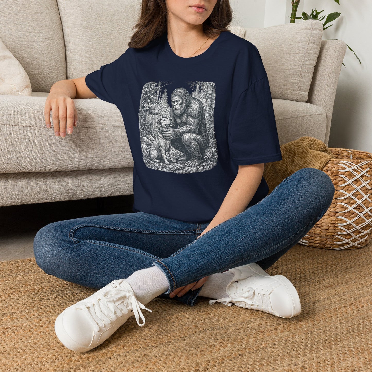 Bigfoot & Dog Graphic T-Shirt — Retro Wilderness Sasquatch Design