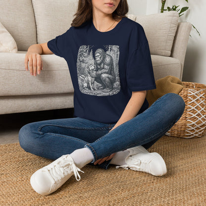 Bigfoot & Dog Graphic T-Shirt — Retro Wilderness Sasquatch Design