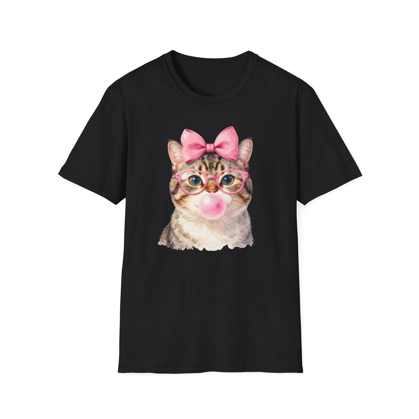 Camiseta de gato adorable: gatito con gafas, lazo rosa y chicle