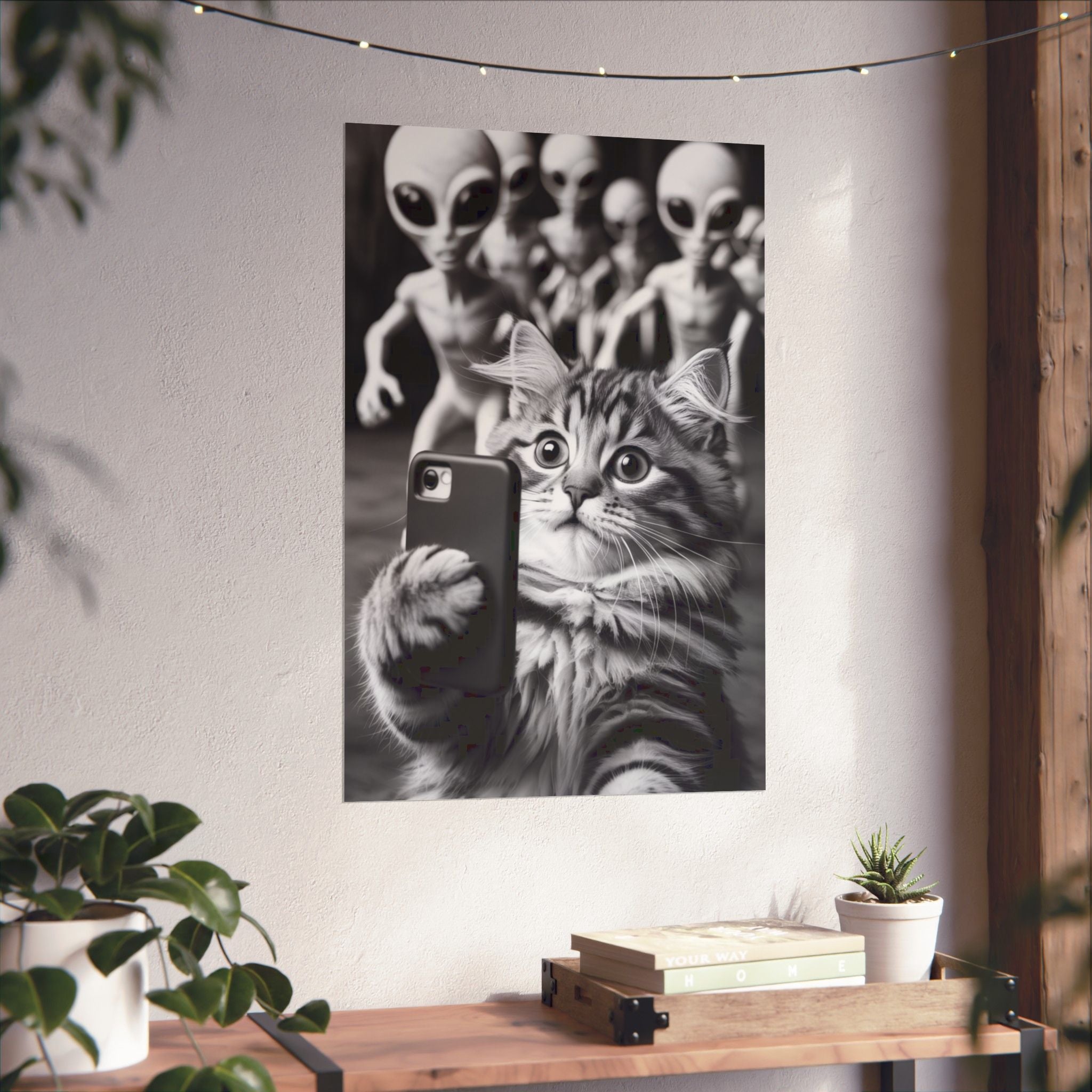 Póster de selfie de gato divertido: arte mural vertical mate con fotobomba de extraterrestre