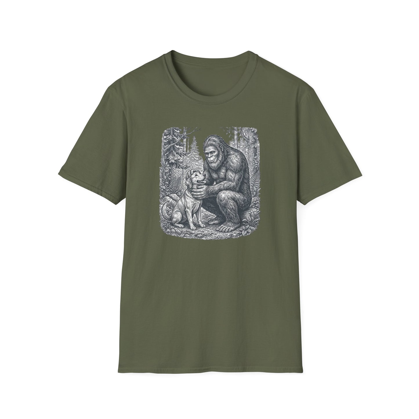 Bigfoot & Dog Graphic T-Shirt — Retro Wilderness Sasquatch Design