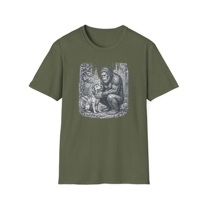 Bigfoot & Dog Graphic T-Shirt — Retro Wilderness Sasquatch Design
