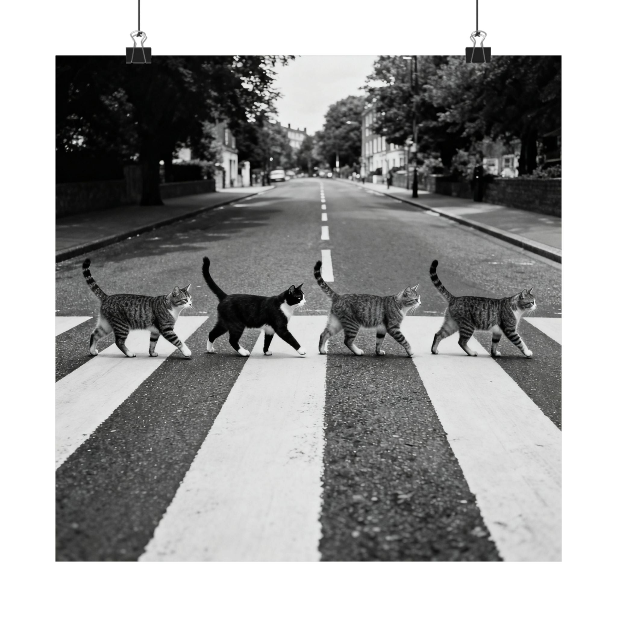 Gato cruzando Abbey Road — Póster vertical mate en blanco y negro