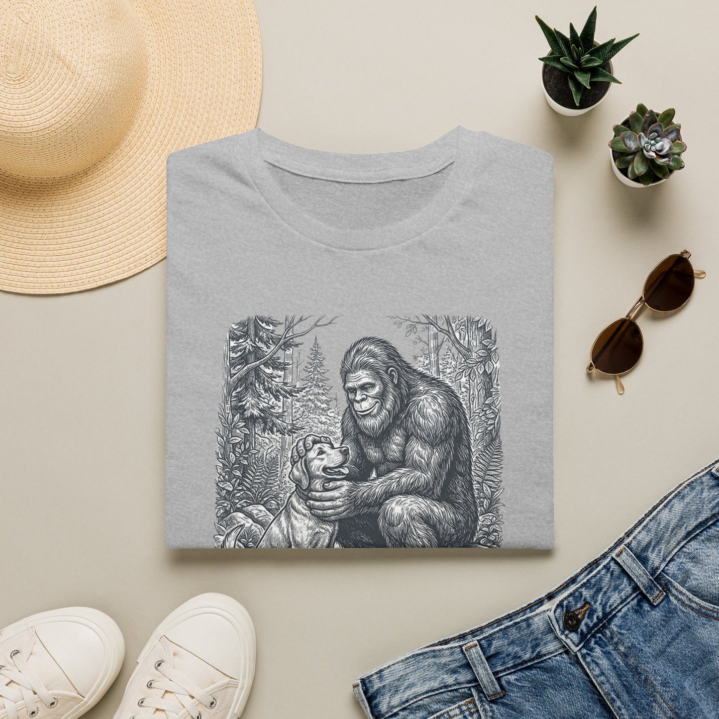 Bigfoot & Dog Graphic T-Shirt — Retro Wilderness Sasquatch Design