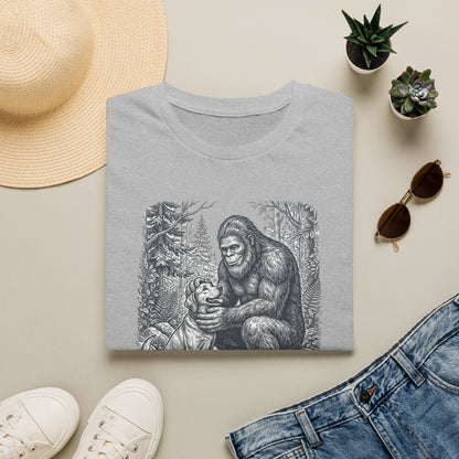 Bigfoot & Dog Graphic T-Shirt — Retro Wilderness Sasquatch Design