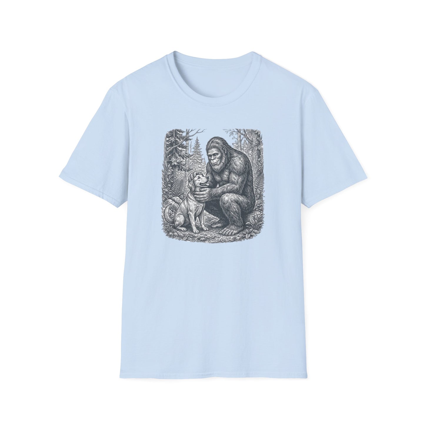 Bigfoot & Dog Graphic T-Shirt — Retro Wilderness Sasquatch Design