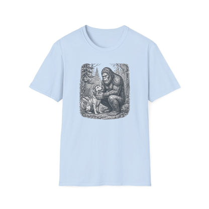 Bigfoot & Dog Graphic T-Shirt — Retro Wilderness Sasquatch Design