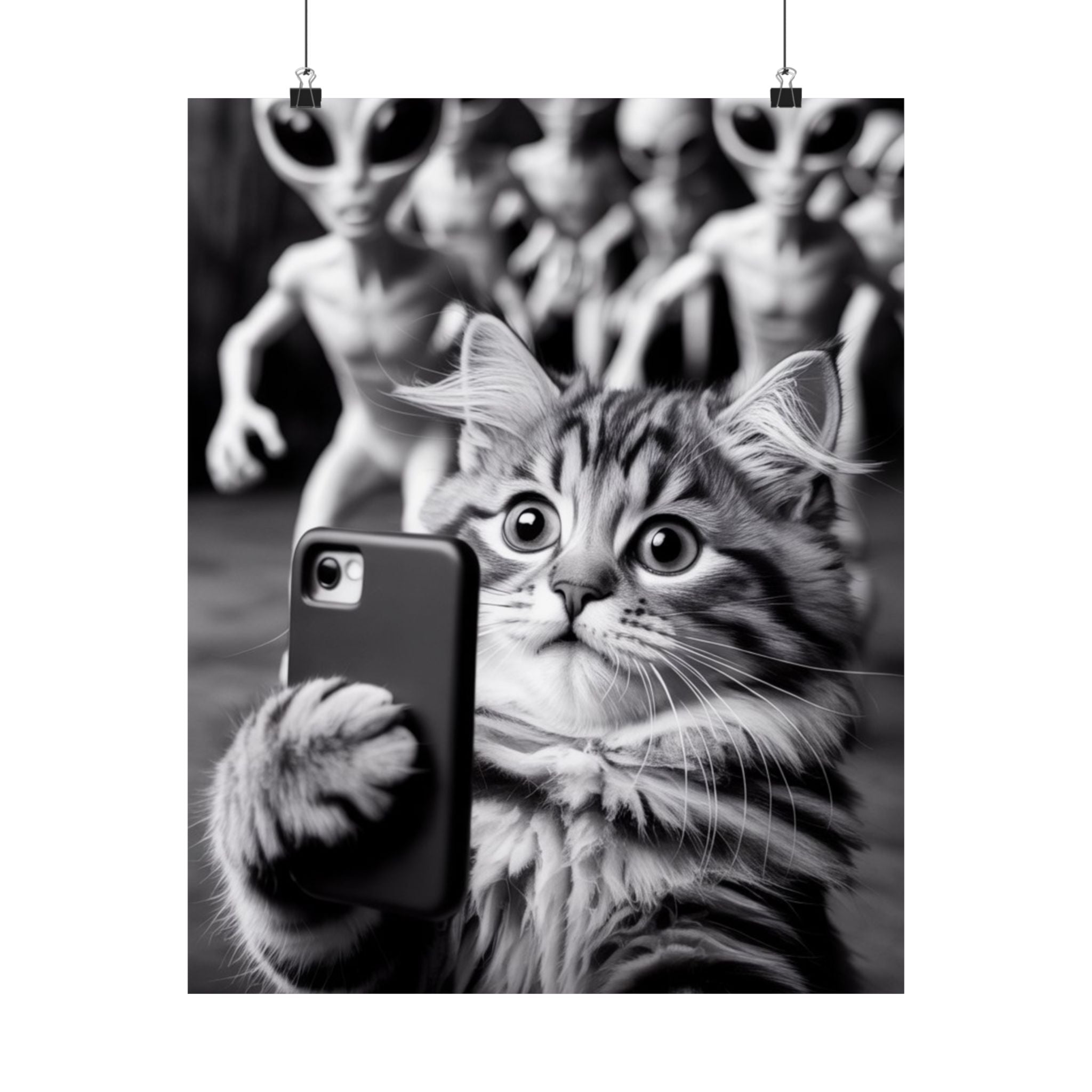 Póster de selfie de gato divertido: arte mural vertical mate con fotobomba de extraterrestre