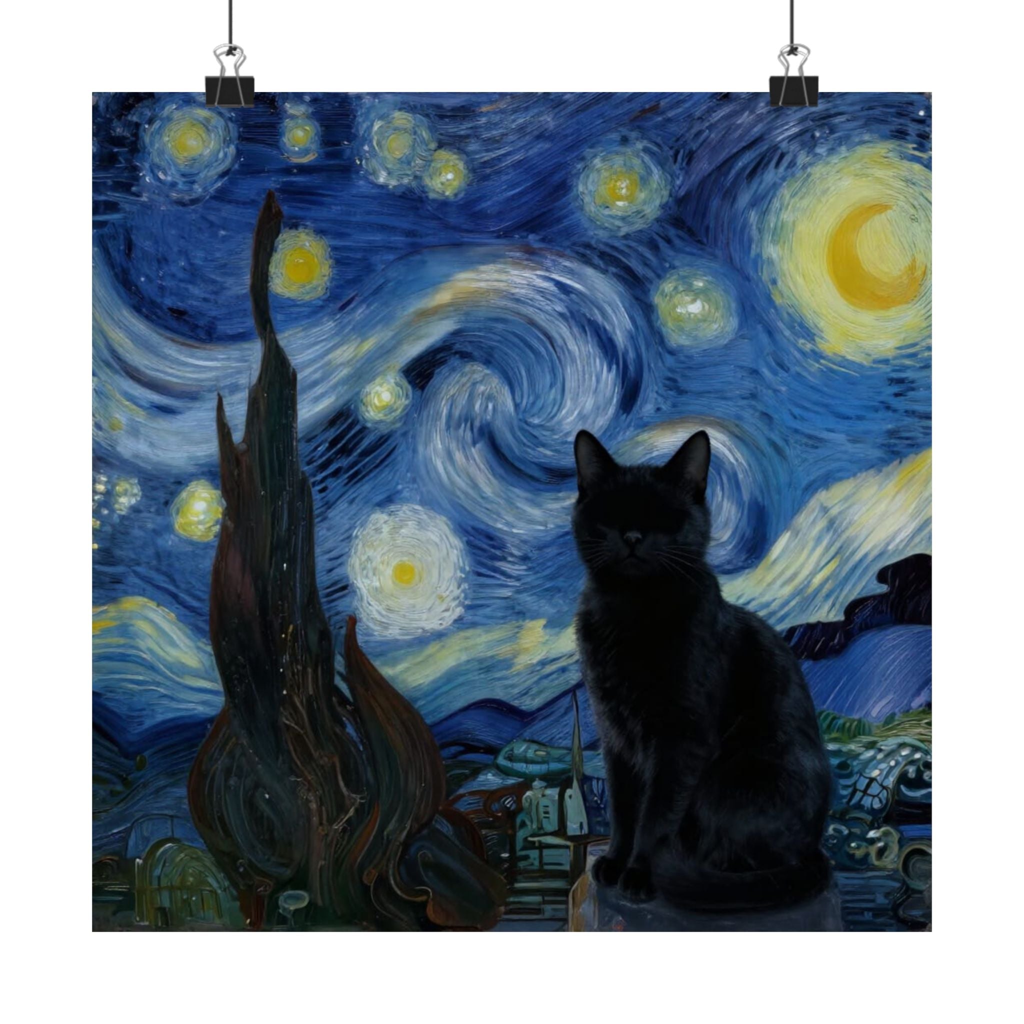 Starry Night Black Cat Poster — Matte Vertical Wall Art
