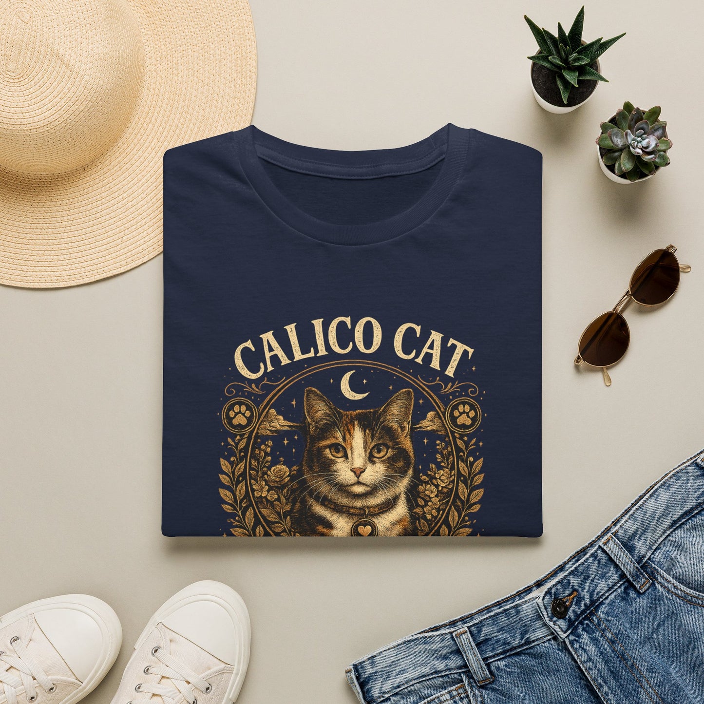 Calico Cat Society T-Shirt — Vintage Moon & Floral Cat Graphic