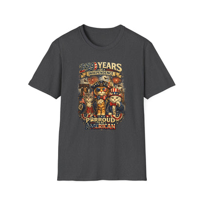 T-Shirt — "250 Years of Independence" Patriotic Cat Fourth of July Tee