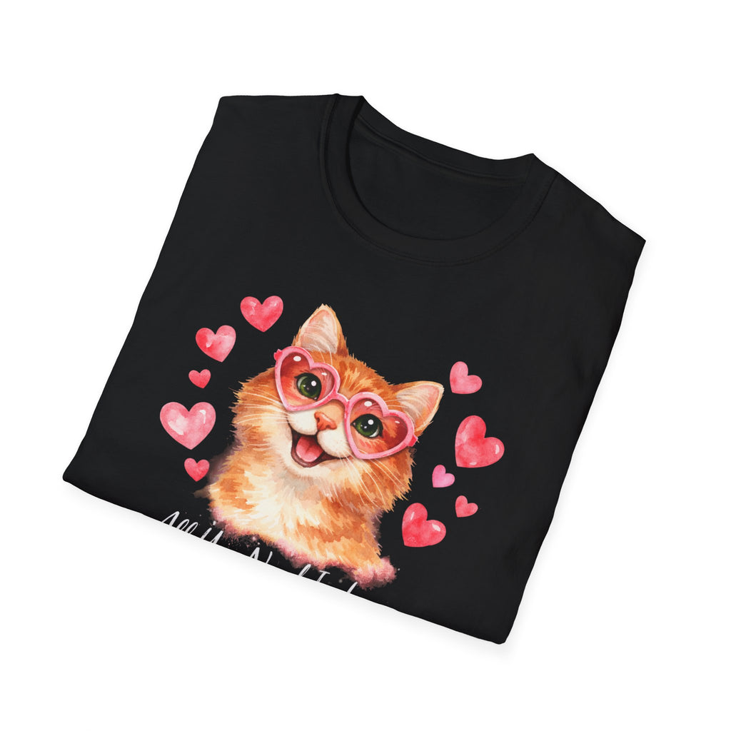 Todo lo que necesitas es amor... y una camiseta de gato — Linda camiseta de gatito con gafas de sol y corazón