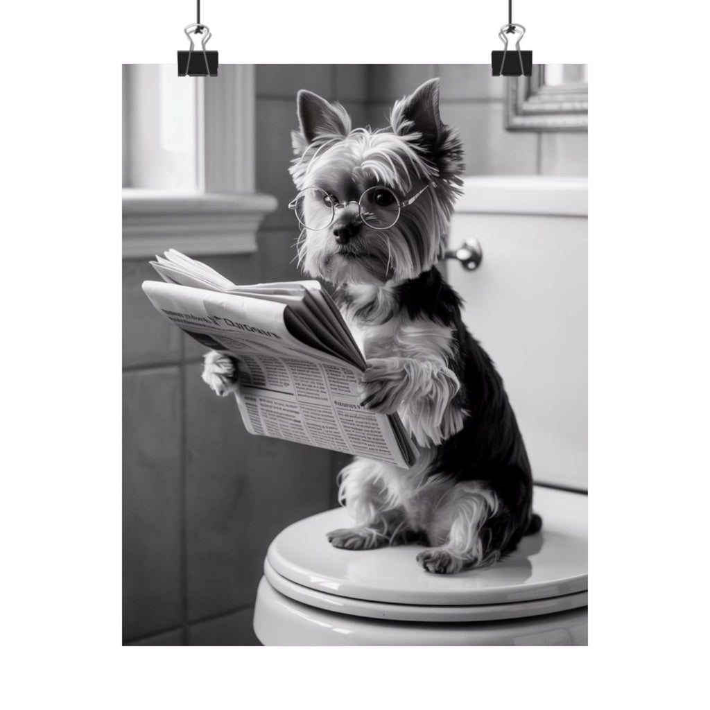 Funny Yorkie Reading Newspaper Poster — Matte Vertical Dog Wall Art