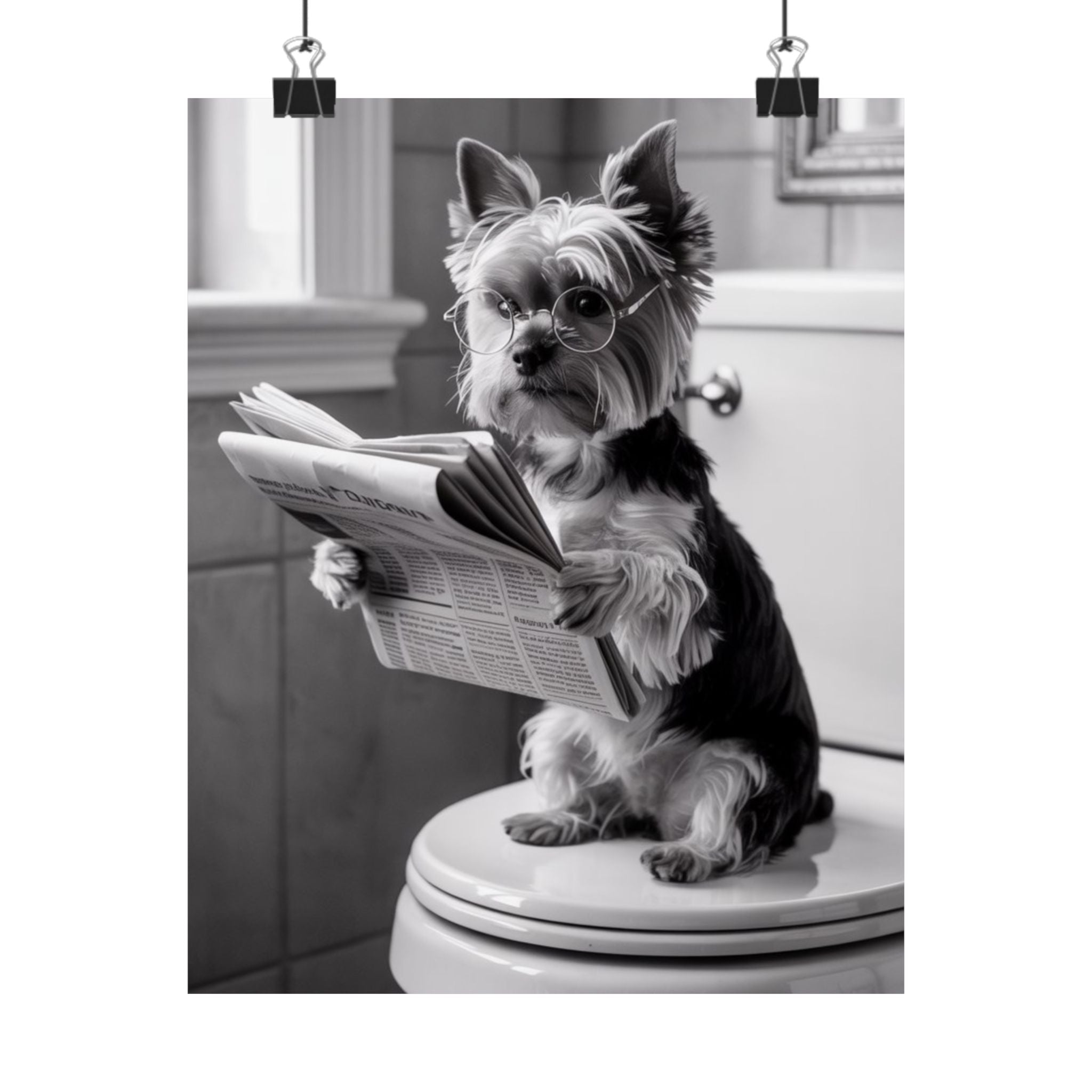 Digital download Funny Yorkie Reading Newspaper Poster — Matte Vertical Dog Wall Art