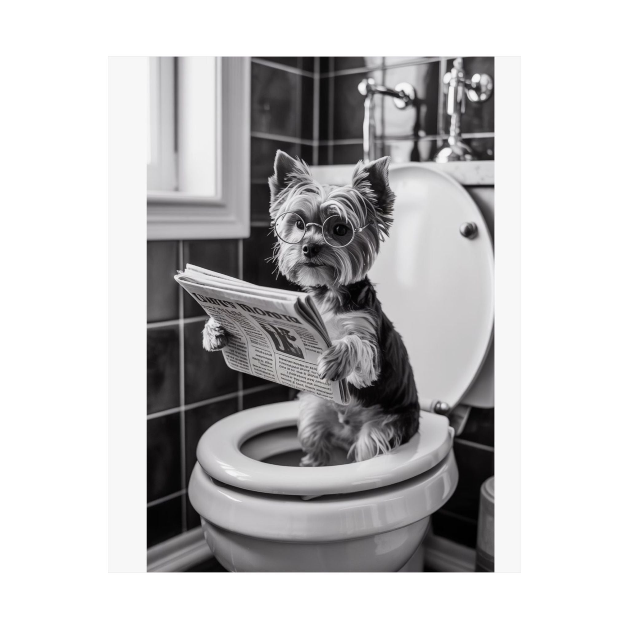 Digital download Funny Yorkie Bathroom Poster — Black & White Matte Vertical Dog Wall Art