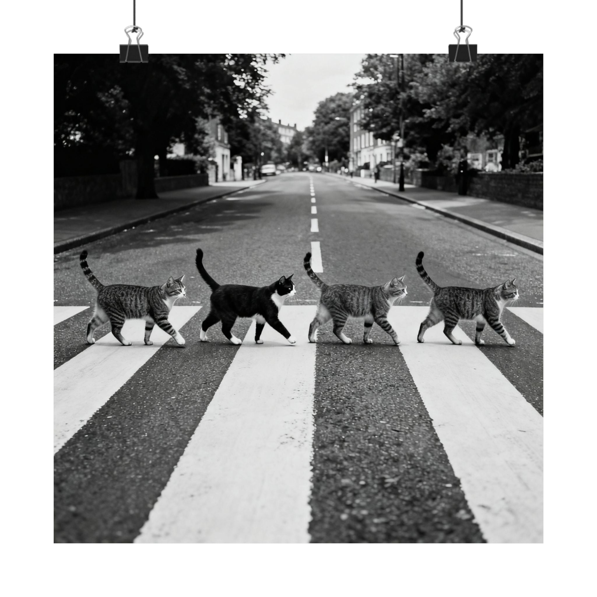 Gato cruzando Abbey Road — Póster vertical mate en blanco y negro