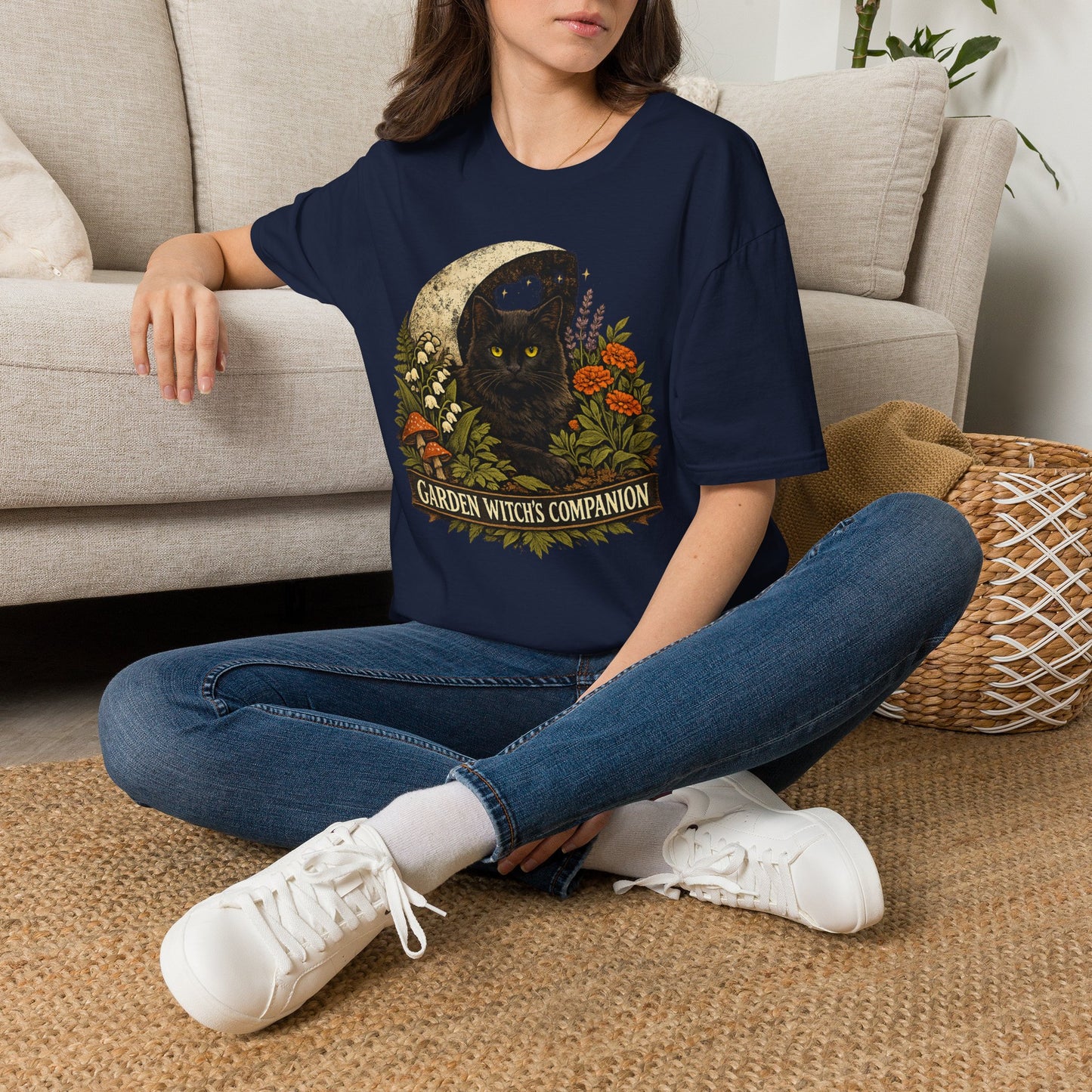 Garden Witch's Companion Cat T-Shirt — Moon, Marigold & Lily of the Valley Graphic Tee