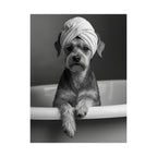 Spa Pup Matte Vertical Poster — Black & White Dog in Bathtub Print