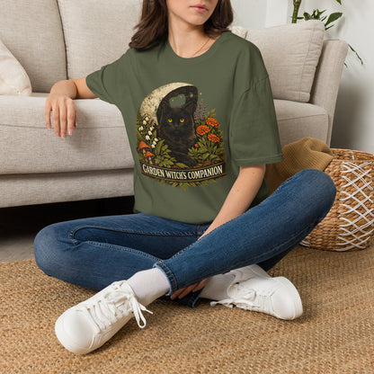 Garden Witch's Companion Cat T-Shirt — Moon, Marigold & Lily of the Valley Graphic Tee