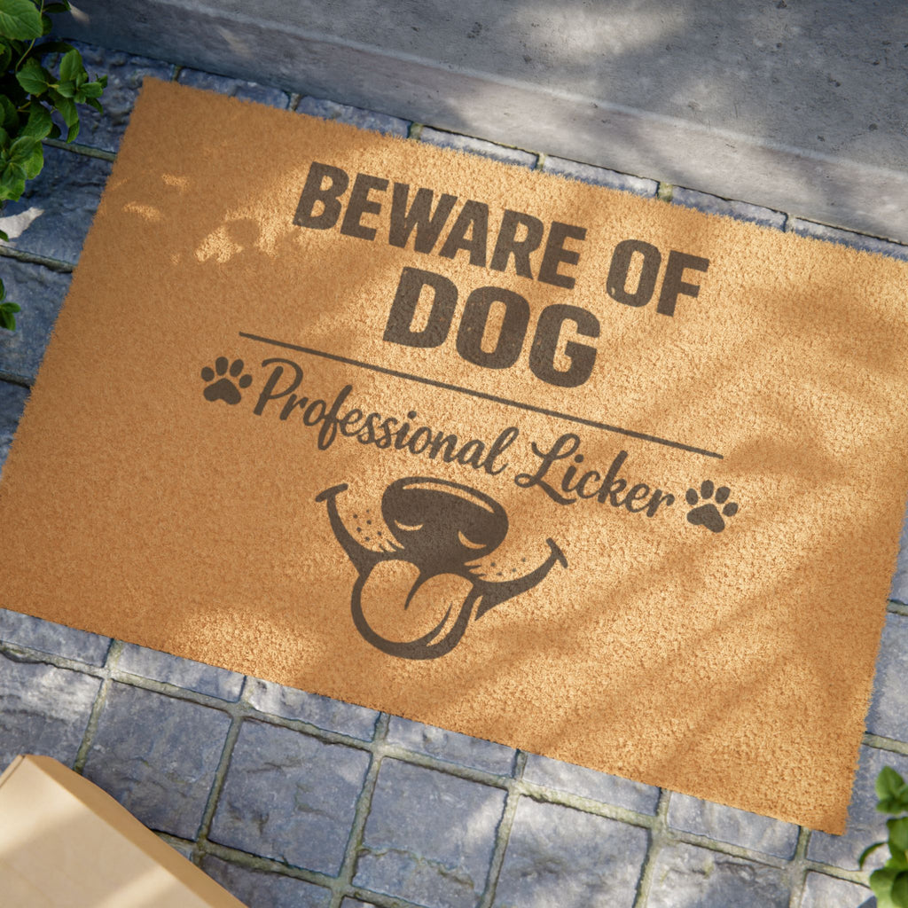 Doormat — "Beware of Dog: Professional Licker" Funny Paw Print Coir Welcome Mat