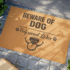 Doormat — "Beware of Dog: Professional Licker" Funny Paw Print Coir Welcome Mat