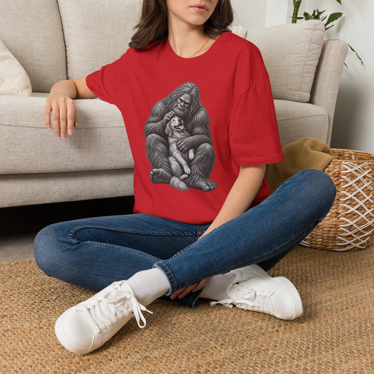 Bigfoot & Puppy Tee — Gentle Sasquatch Holding Dog Graphic T-Shirt
