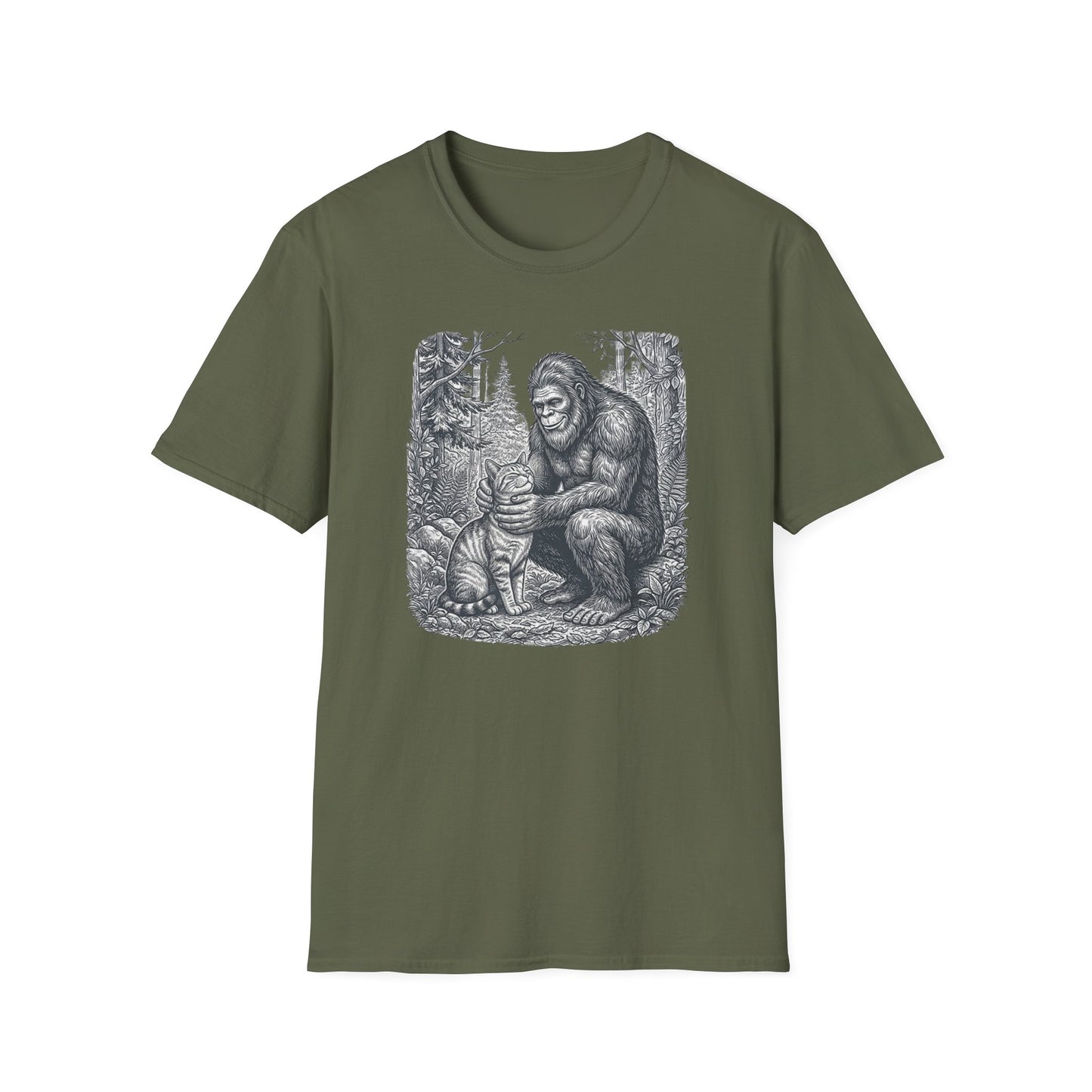 Bigfoot & Cat T-Shirt — Vintage Sasquatch Forest Illustration