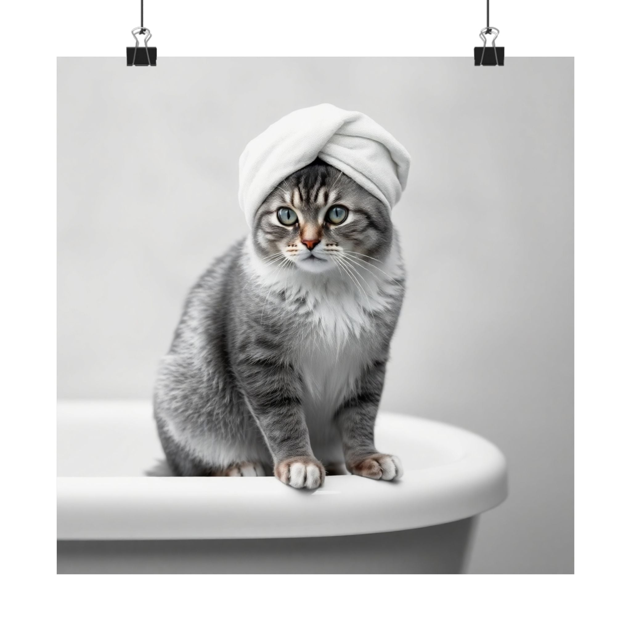 Póster de spa para gatos: adorable gato gris con toalla en la bañera, impresión artística vertical mate.