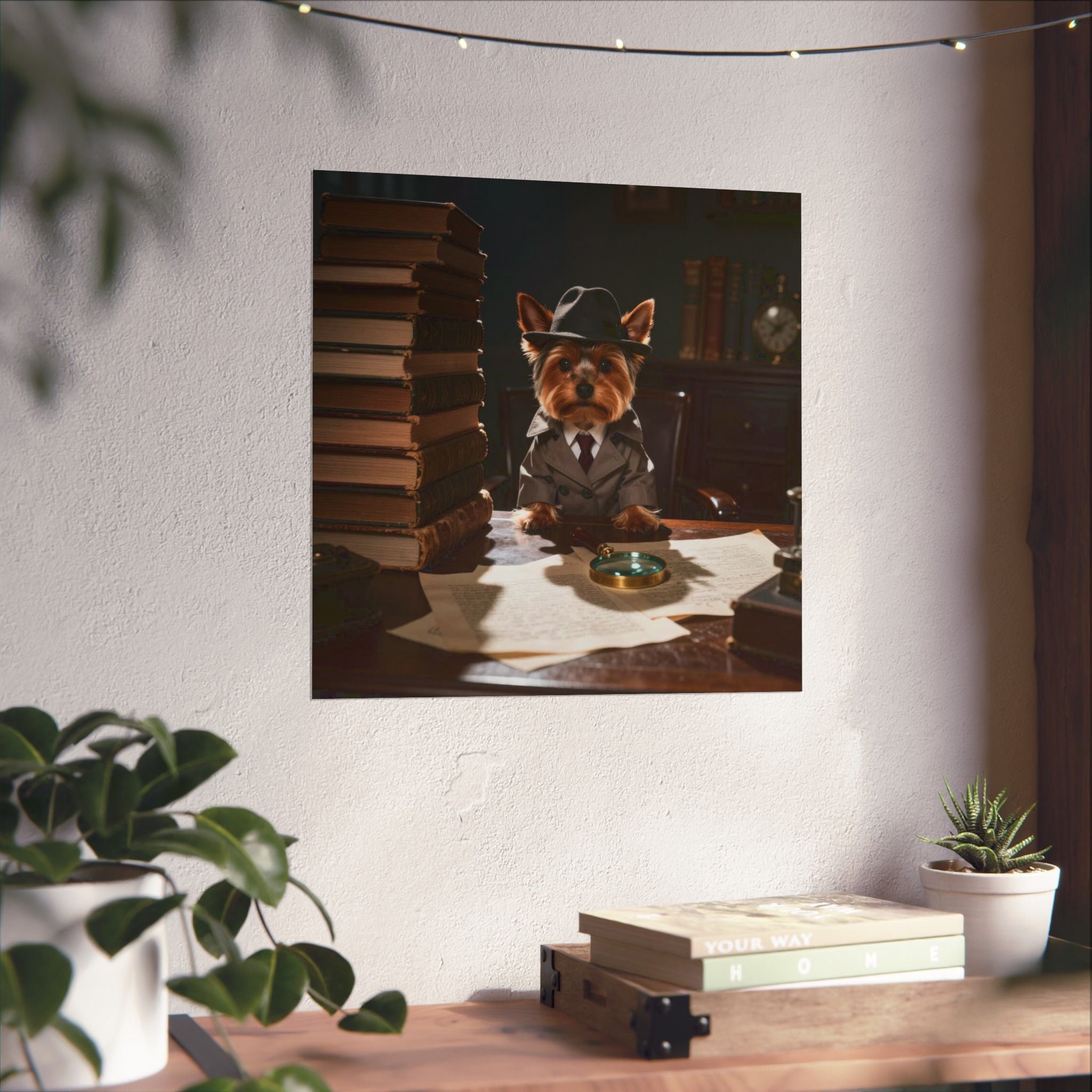 Detective Yorkie Poster — Cute Dog in Trench Coat Matte Vertical Art