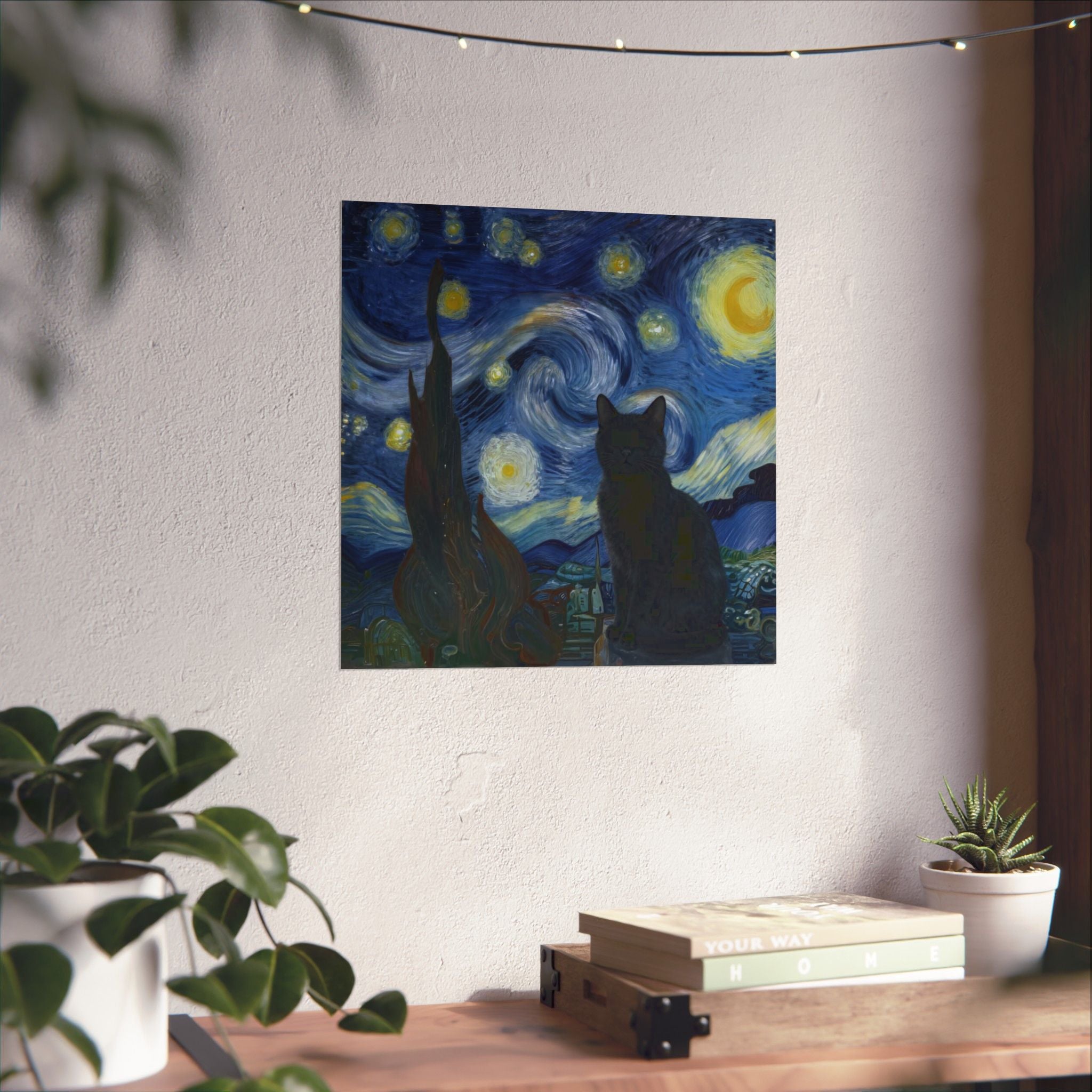 Starry Night Black Cat Poster — Matte Vertical Wall Art