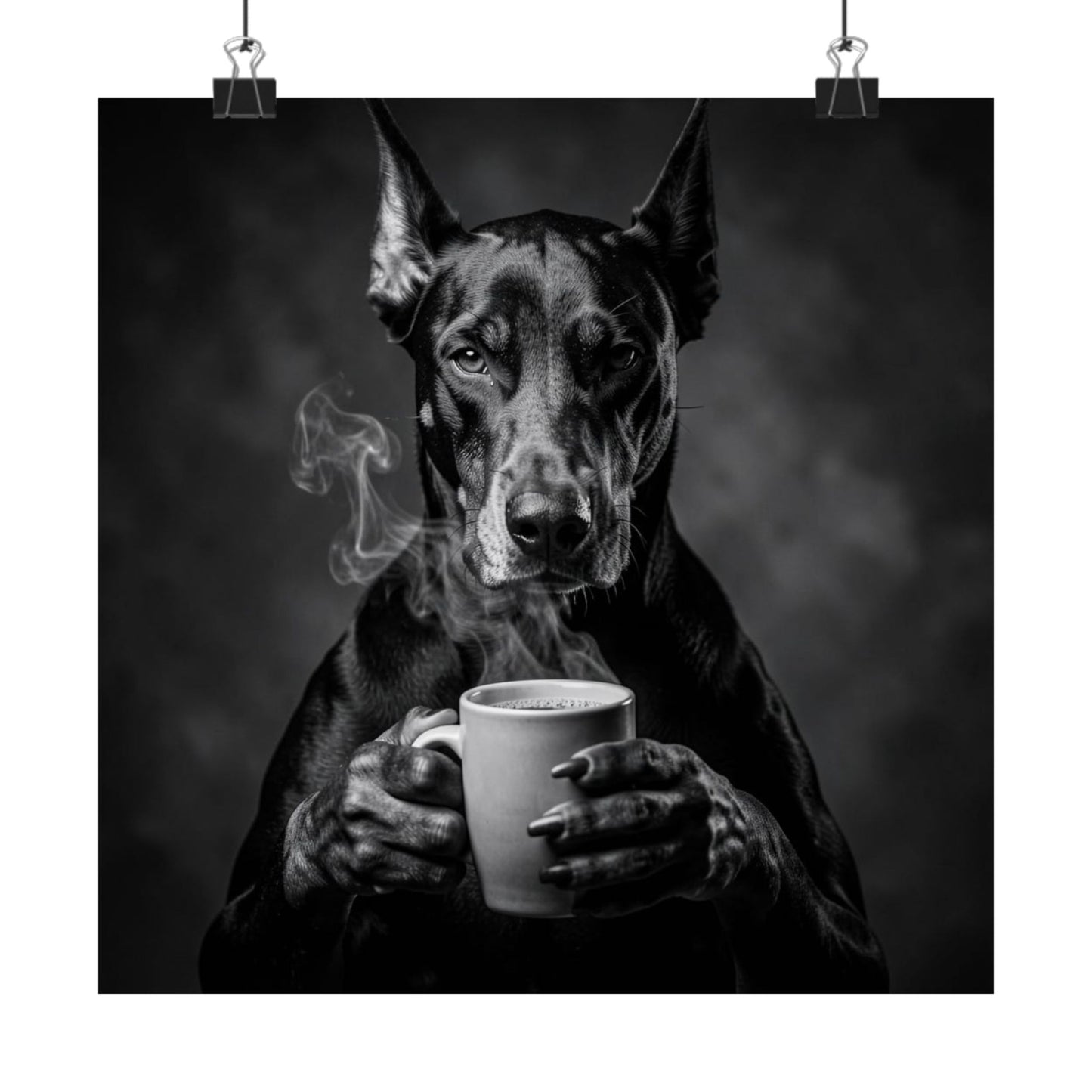 Doberman Coffee Poster — Black & White Matte Dog Art Print