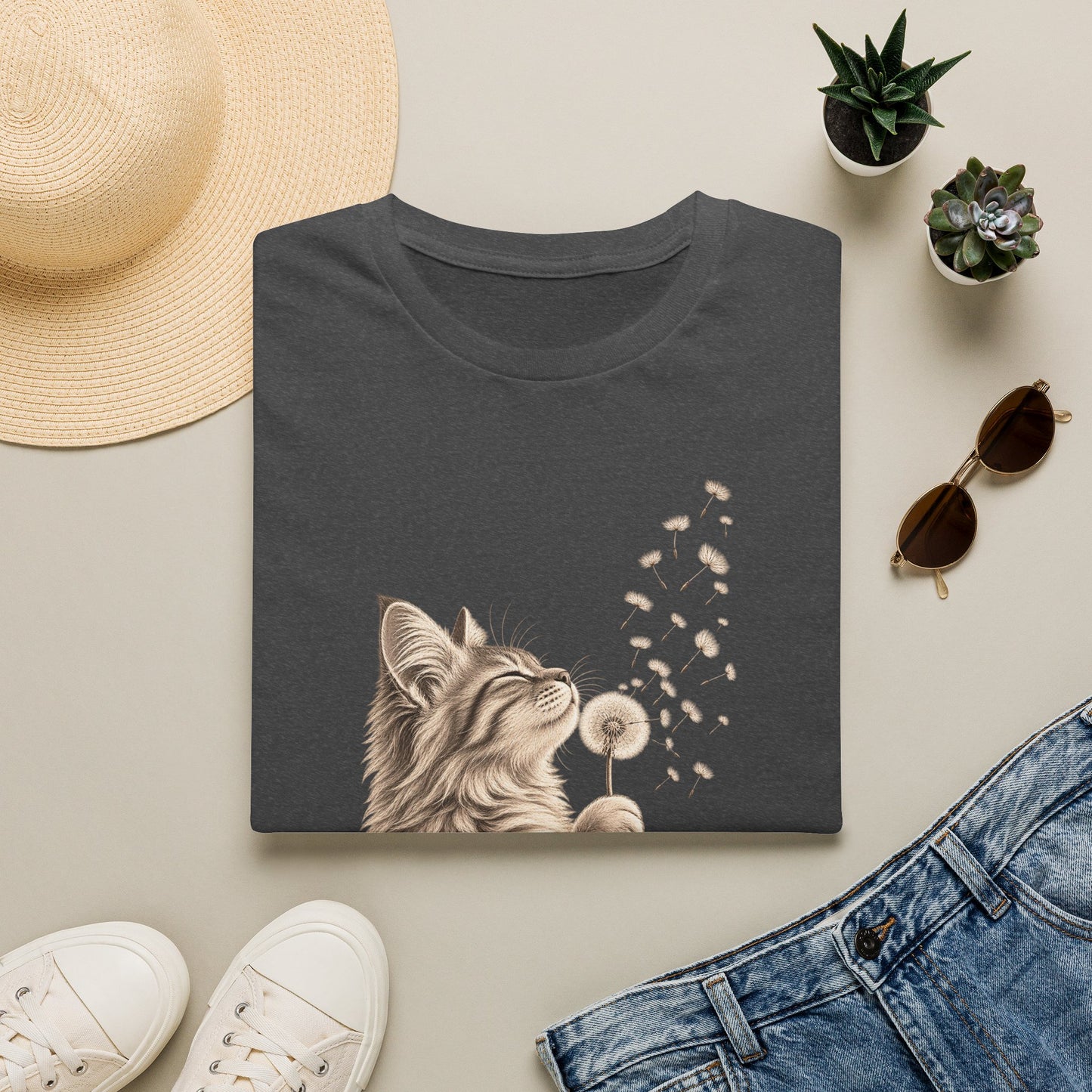 Cat Dandelion T-Shirt — Cute Cat Blowing Dandelion Graphic Tee