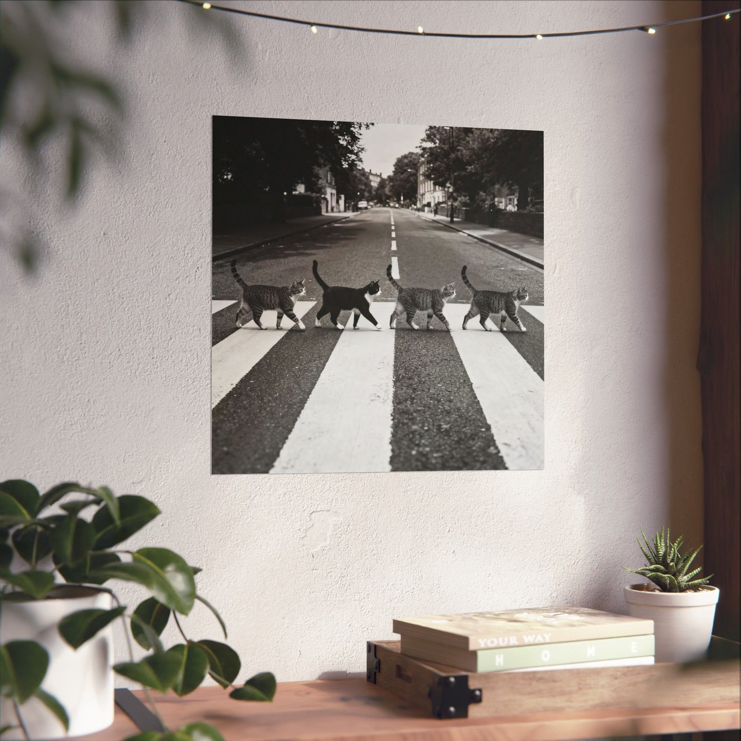 Gato cruzando Abbey Road — Póster vertical mate en blanco y negro