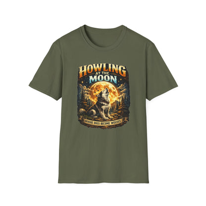 Howling at the Moon T-Shirt — Vintage Wolf Graphic (“Where Dogs Become Wolves”)