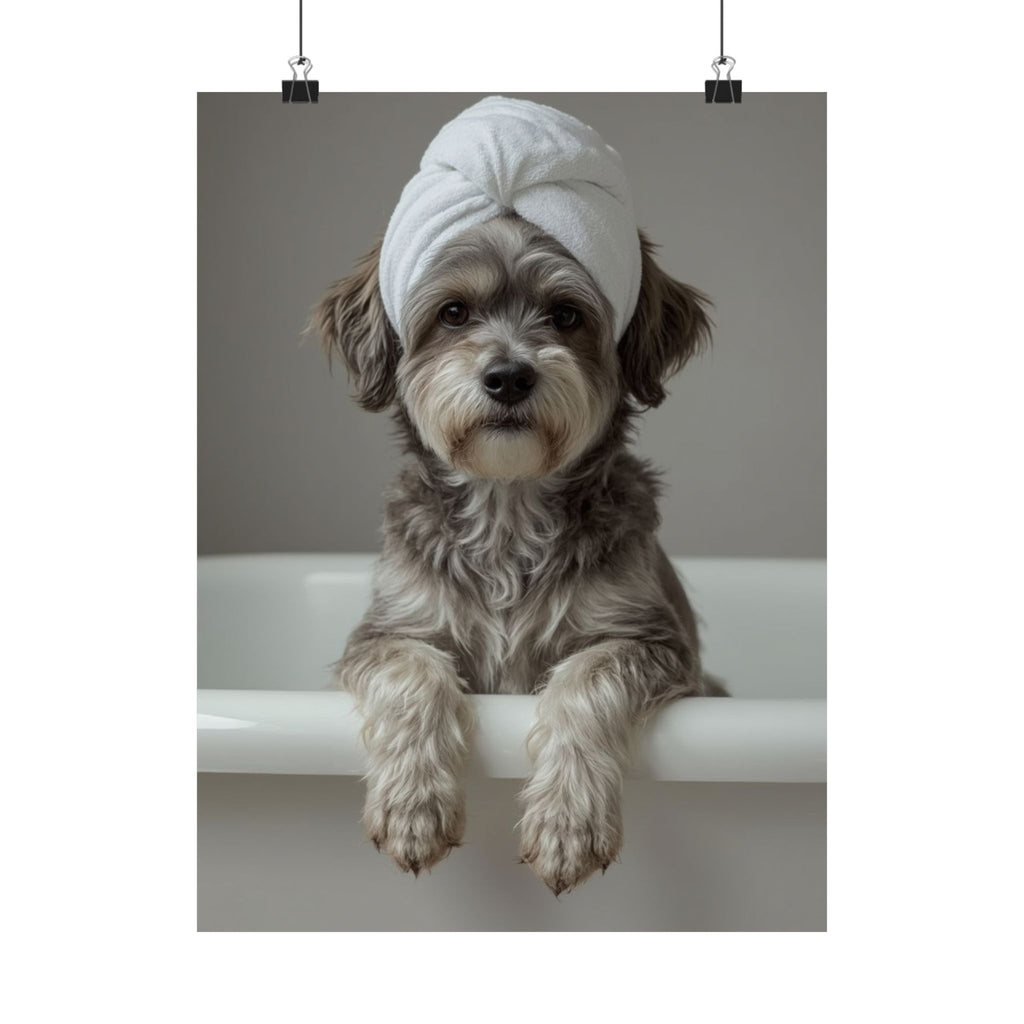 Dog Spa Poster — Cute Puppy in Towel Matte Vertical Wall Art