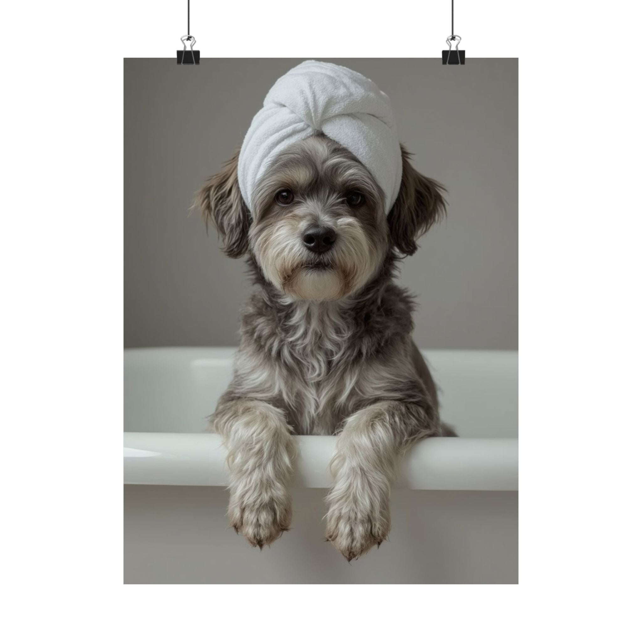 Dog Spa Poster — Cute Puppy in Towel Matte Vertical Wall Art