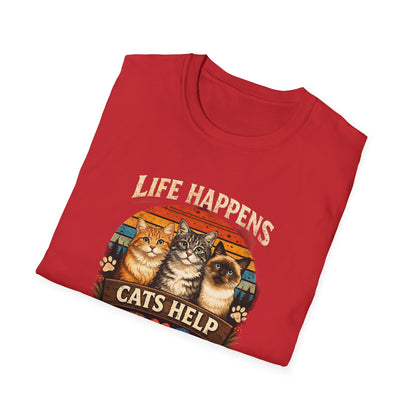 Life Happens Cats Help T-Shirt — Vintage Cat Lover Tee