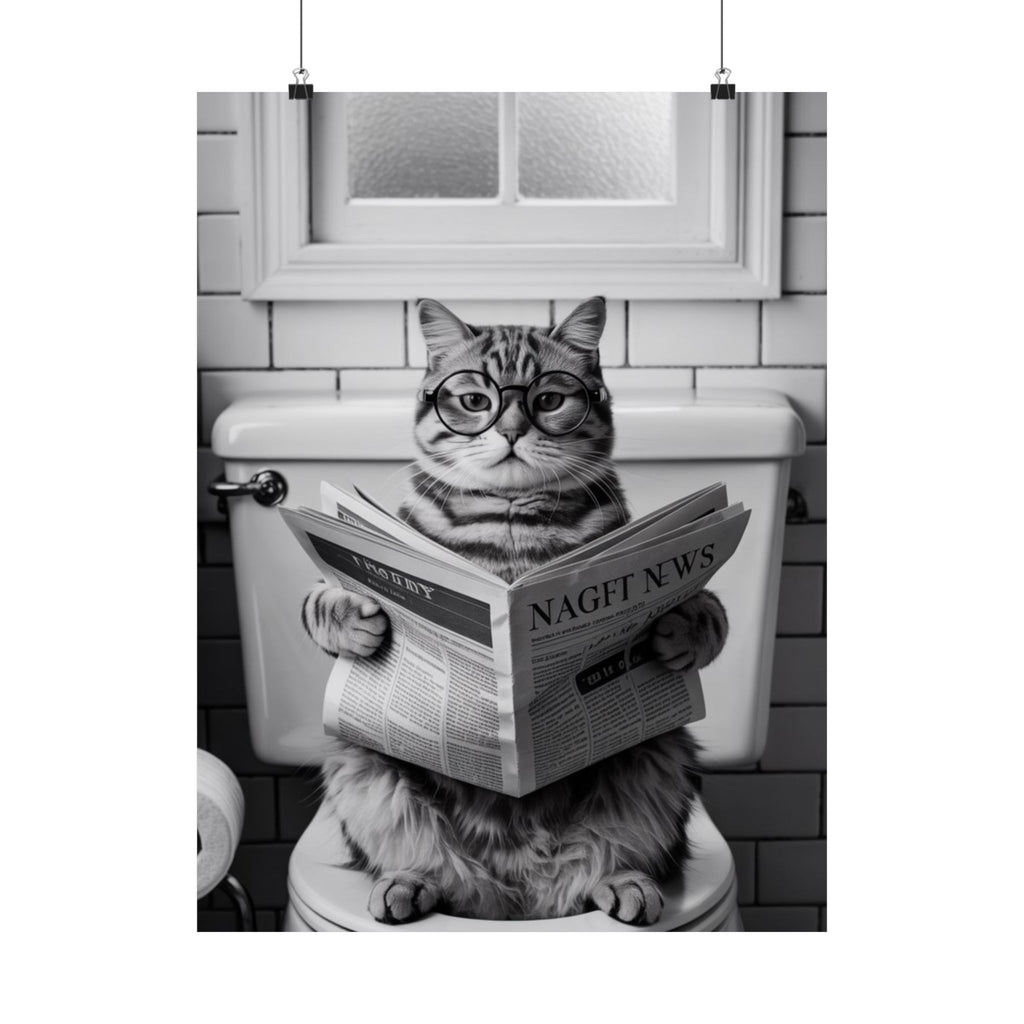 Cat Reading Newspaper Poster — Funny Black & White Matte Vertical Wall Art