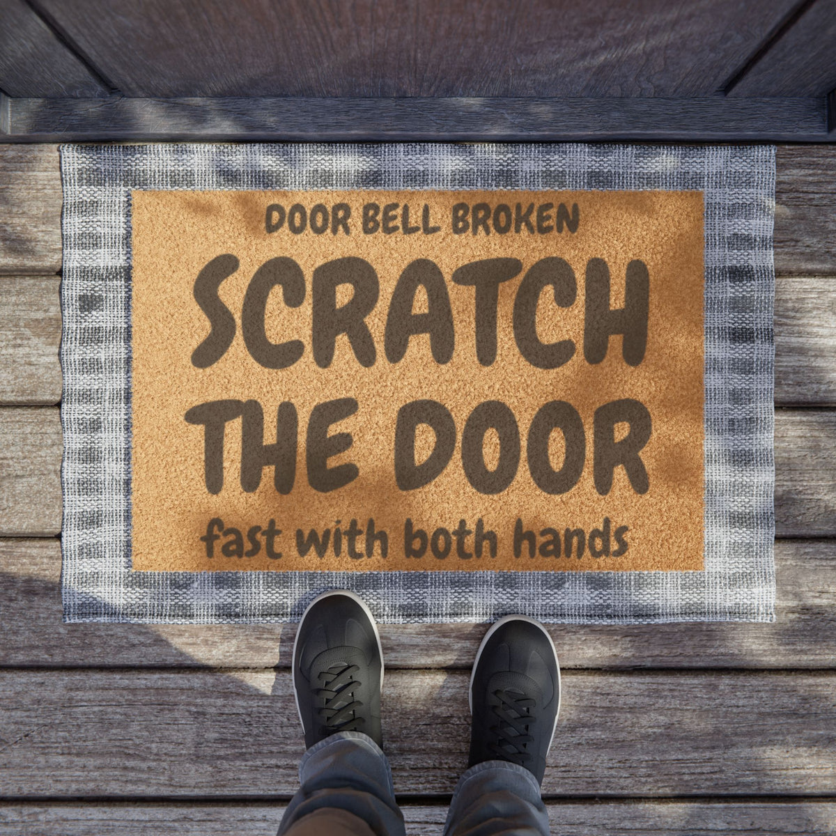 Doormat — "Door Bell Broken Scratch The Door Fast With Both Hands" Funny Welcome Mat for Cat Lovers