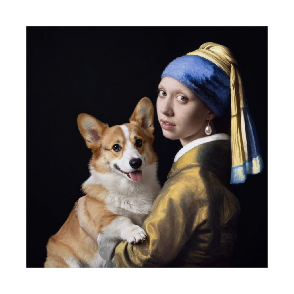 Póster mate de Corgi y la joven de la perla: retrato clásico de mascota para pared