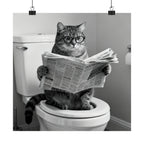 Digital download Cat Bathroom Poster – Funny Cat Reading Newspaper Wall Art, Quirky Black & White Matte Vertical Print