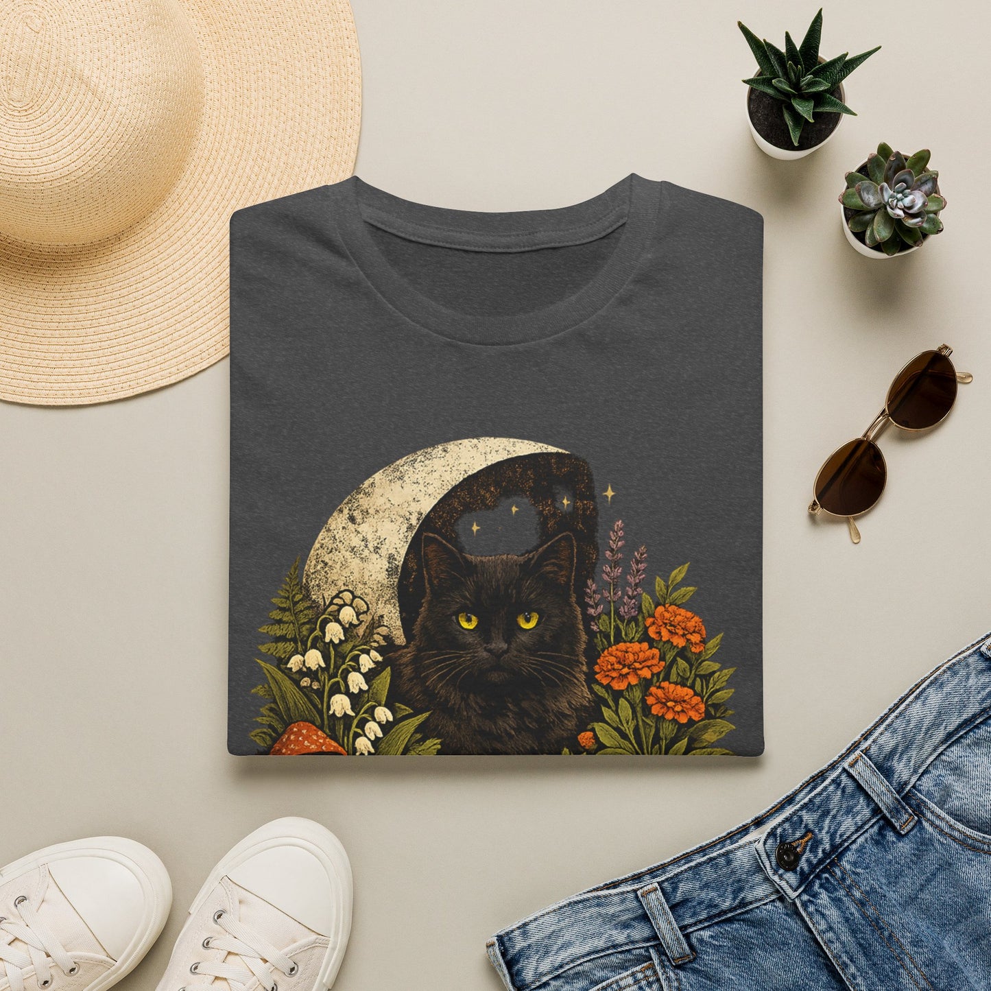 Garden Witch's Companion Cat T-Shirt — Moon, Marigold & Lily of the Valley Graphic Tee