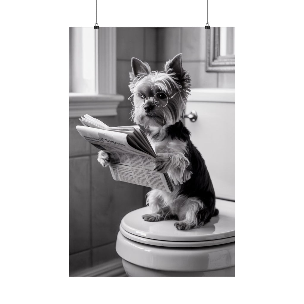 Funny Yorkie Reading Newspaper Poster — Matte Vertical Dog Wall Art
