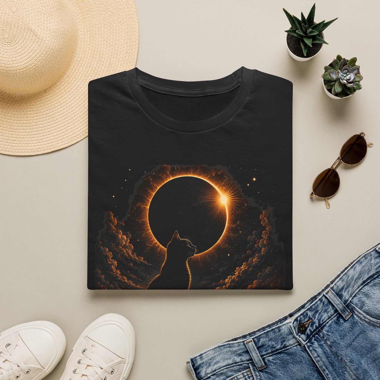 Eclipse Cat T-Shirt — Cosmic Solar Eclipse Cat Silhouette Tee