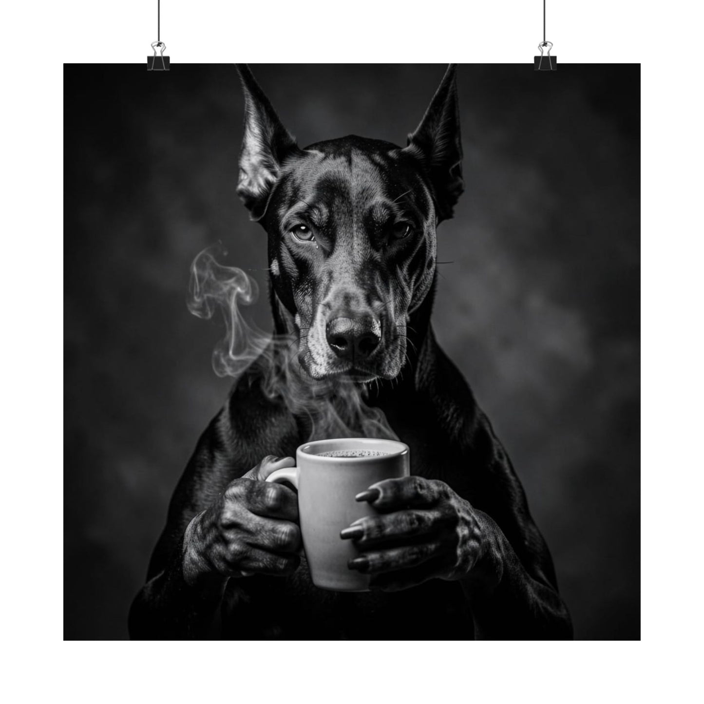 Doberman Coffee Poster — Black & White Matte Dog Art Print