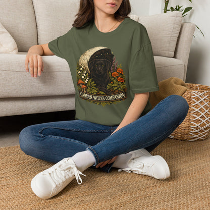 Witch’s Companion Black Dog T-Shirt — “Garden Witch’s Companion” Moon & Floral Tee